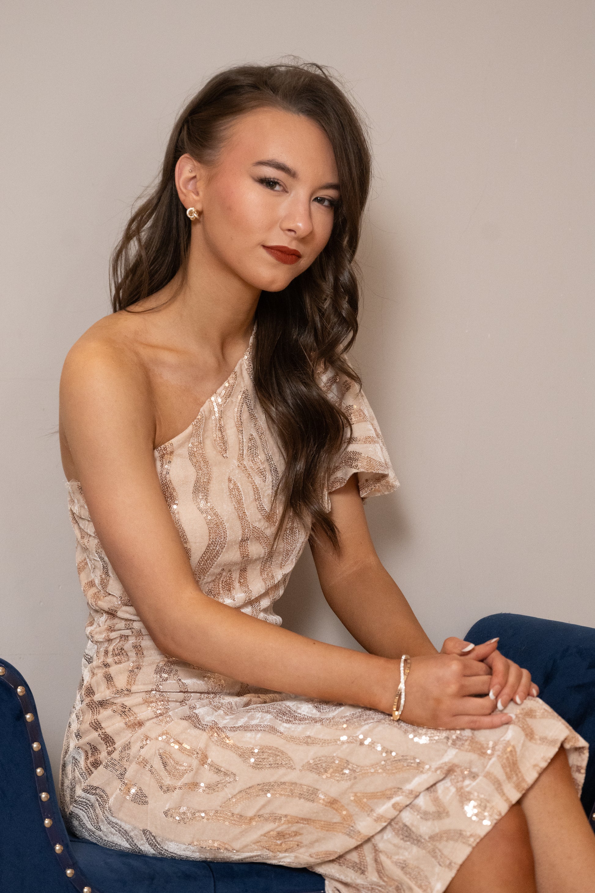 One Shoulder Angel Sleeve Midi Dress with Sequin Print - Champagne -By Jenerique image 1