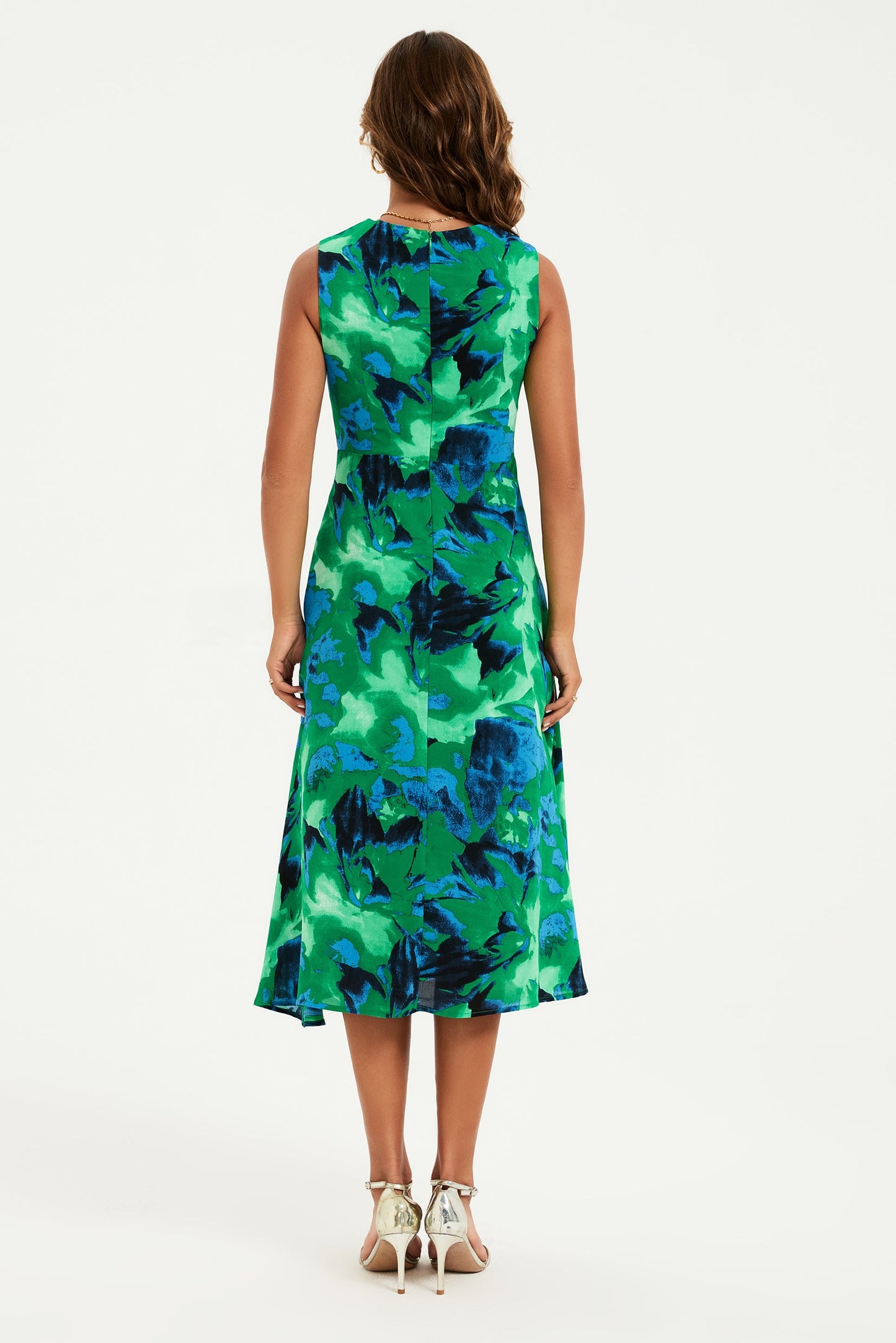 Green Abstract Floral Print Sweetheart Neck Dress