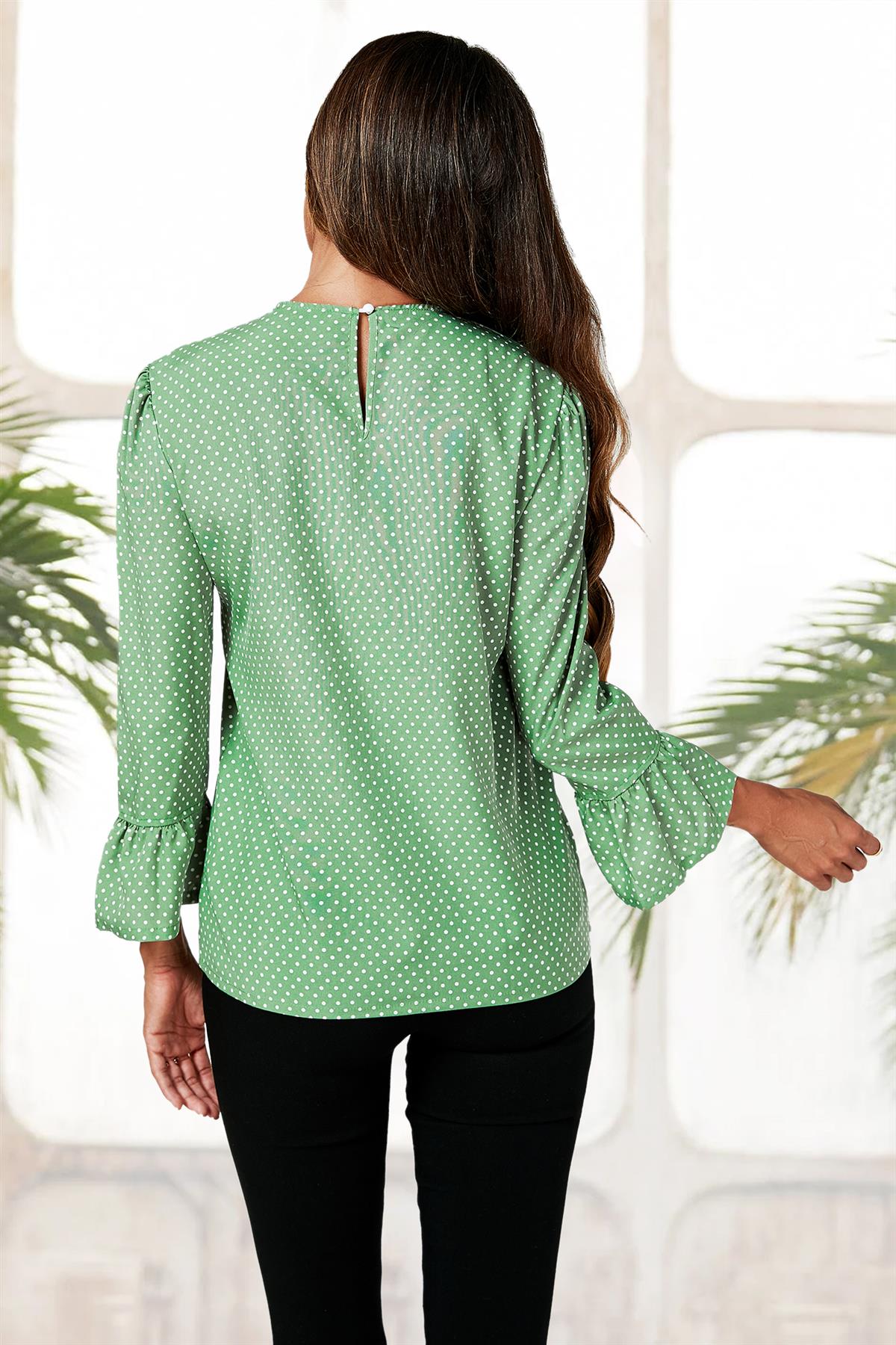 Green Polka Dot Print Frill Detail Cuff Top