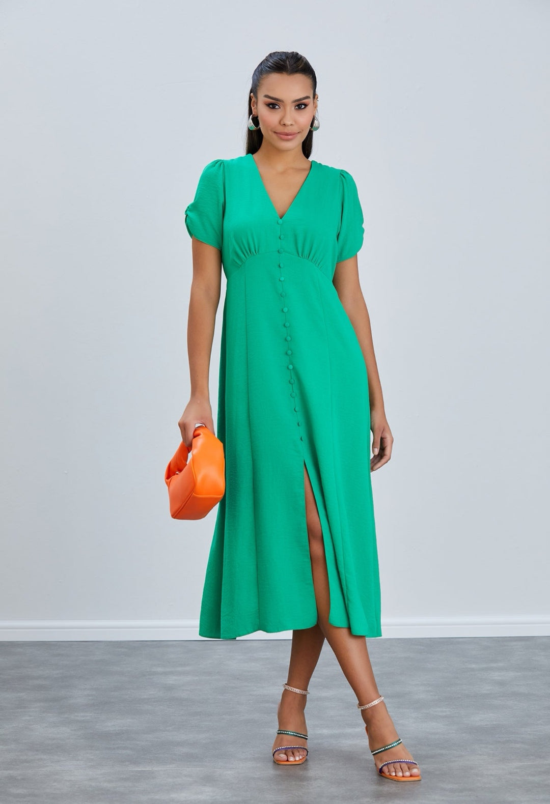 Linen Style Button Down Midi Dress - Green - By Jenerique image 0