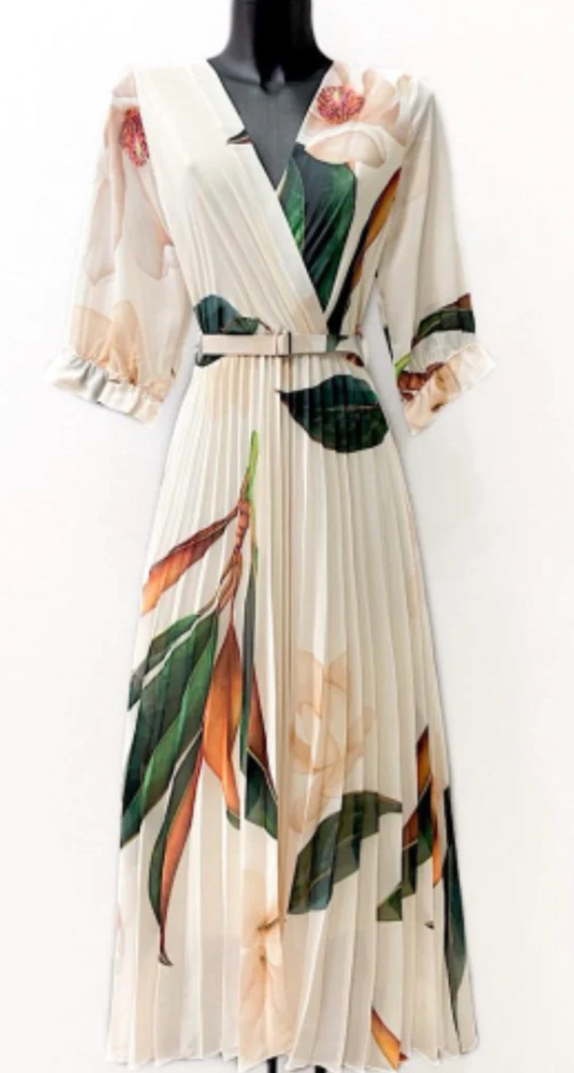 Floral Pleated Belted Midi Dress in Cream image 0