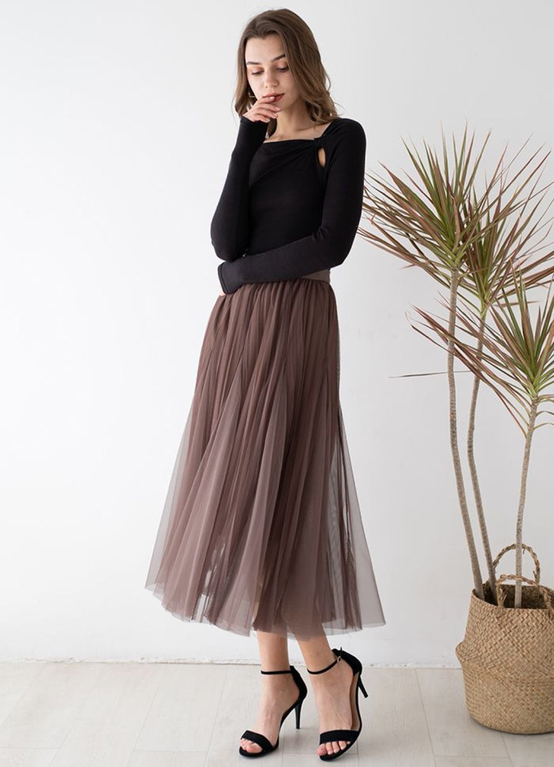 Double Layer Mesh Pleated Midi Skirt - Coffee - 4 Sizes S to XL image 1