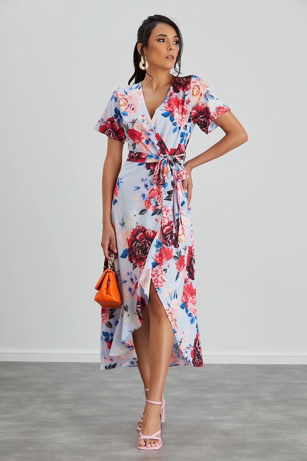 Wrap Midi Dress with Frill Skirt - Light Blue by Jenerique image 0