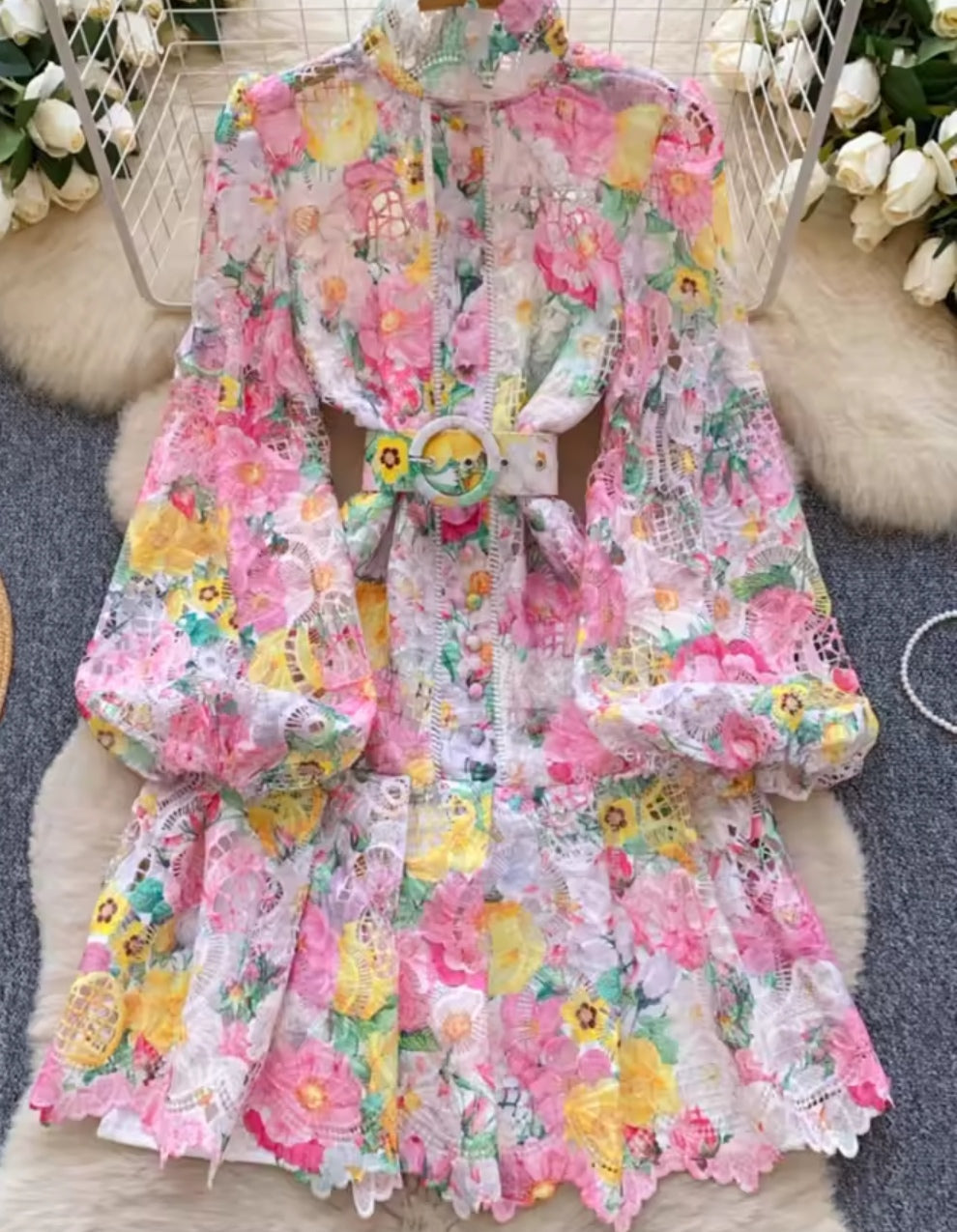 Embroidered Lace Knee Length Dress - Pink image 0