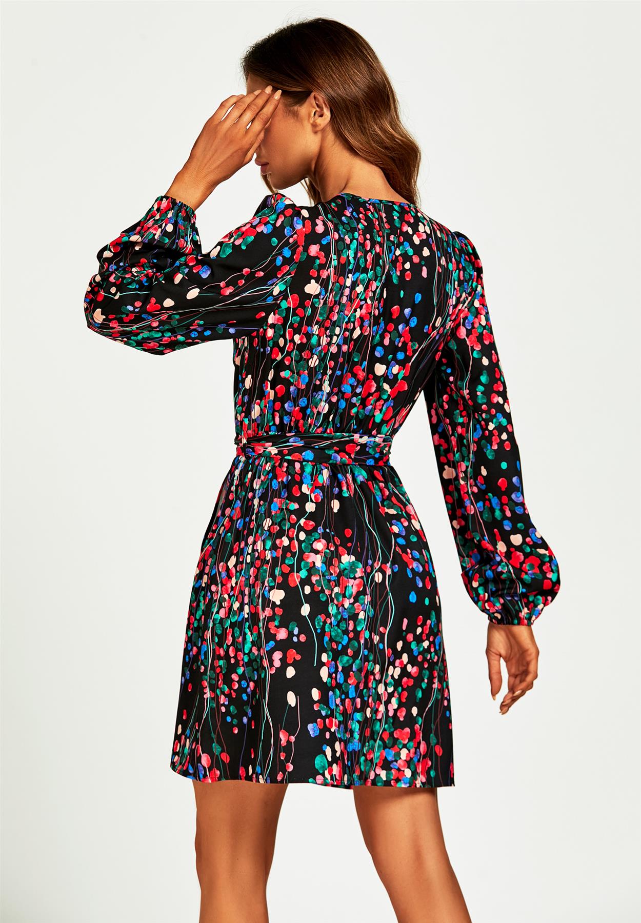 BlackAbstract Floral Print Wrap Mini Dress