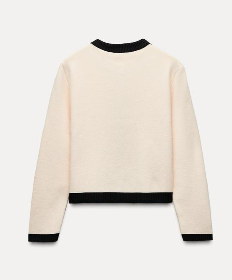 Round Neck Colour Contrast Soft Knit Cardigan - Ecru/Black image 4