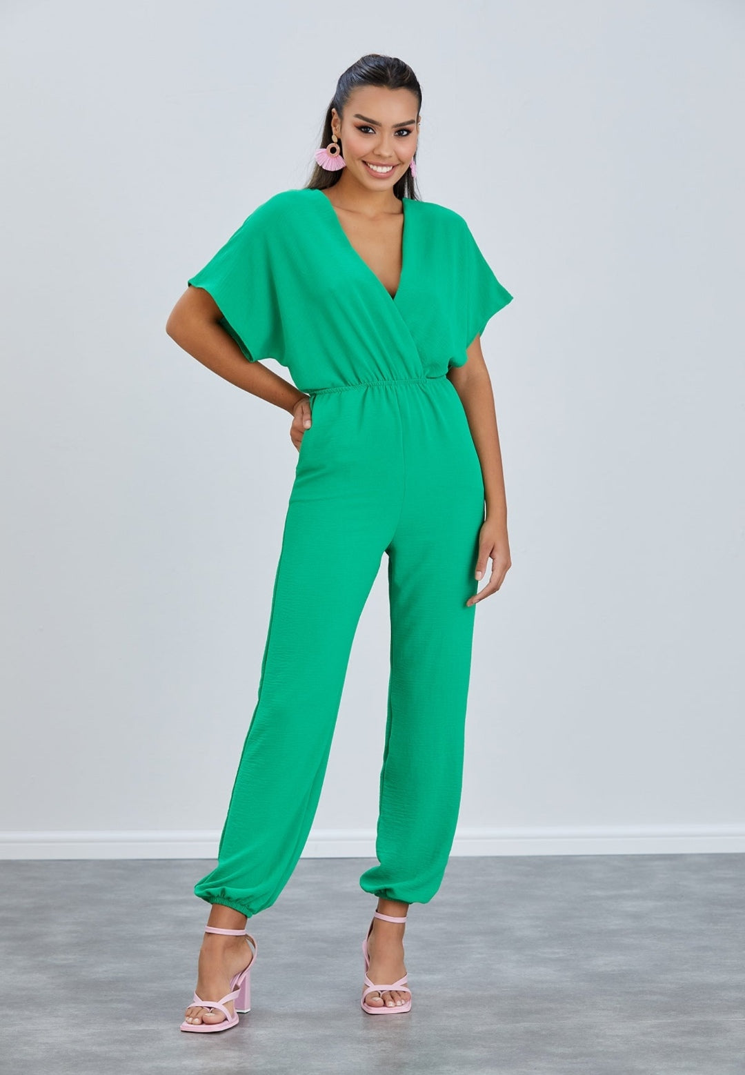 Batwing Sleeve Elasticated Waist Jumpsuit - Green - By Jenerique image 0