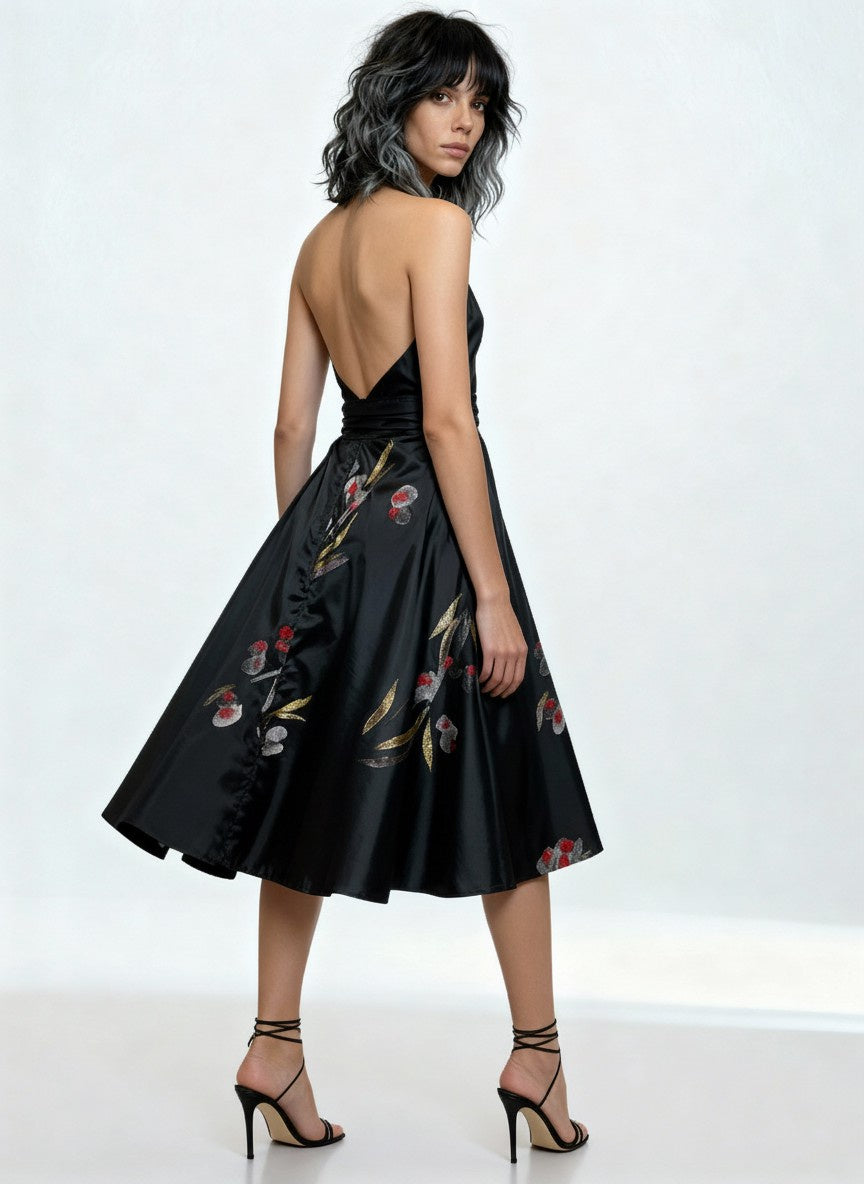 Original Vintage 1970's Black & Hand Painted Floral Print Cocktail Dress UK 12-14