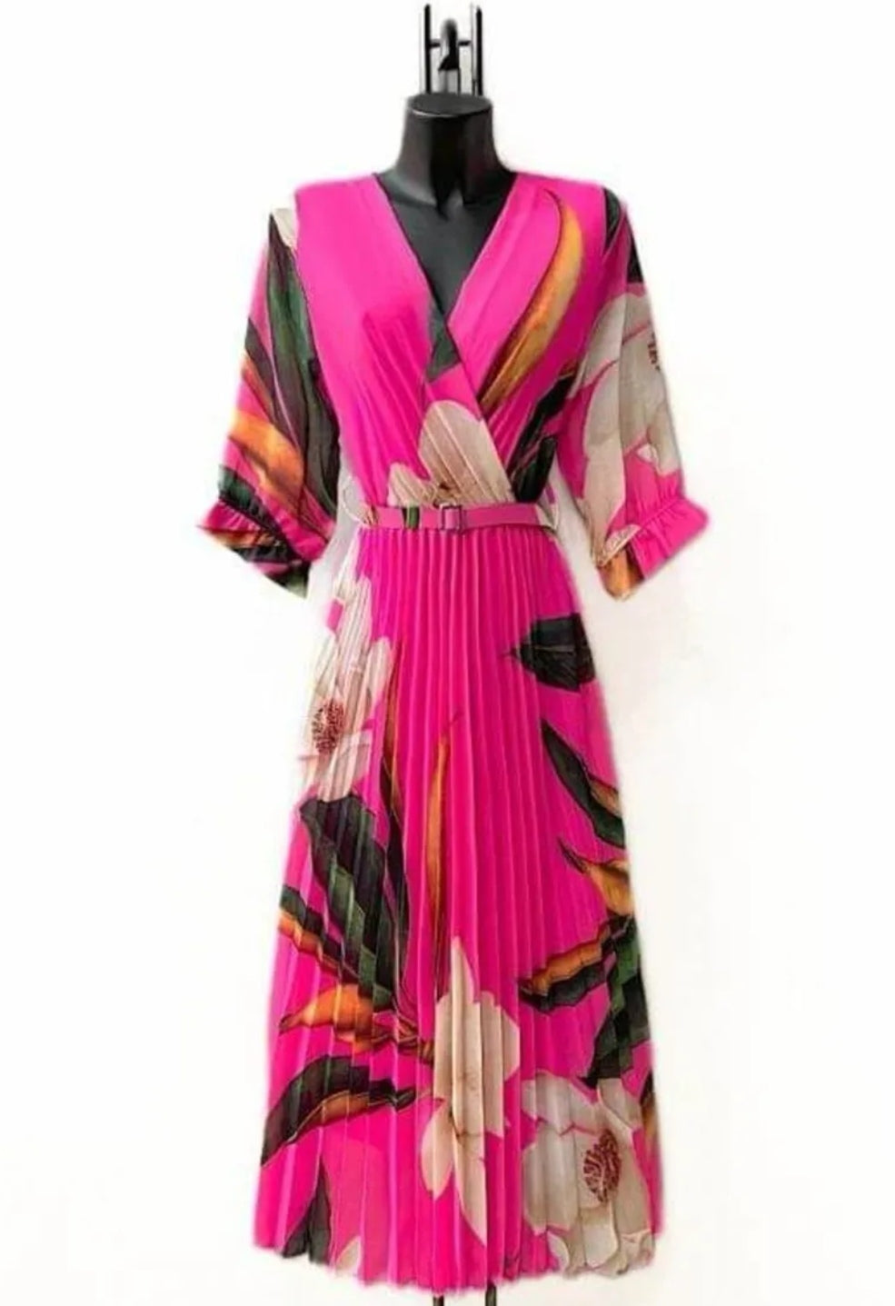 Floral Pleated Belted Midi Dress in Fuchsia image 0