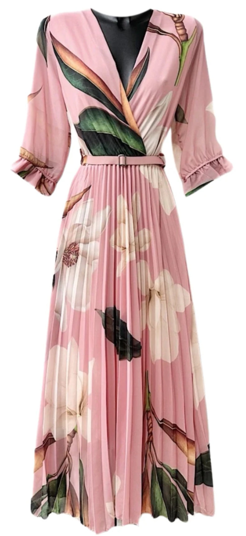 Floral Pleated Belted Midi Dress in Blush Pink image 0