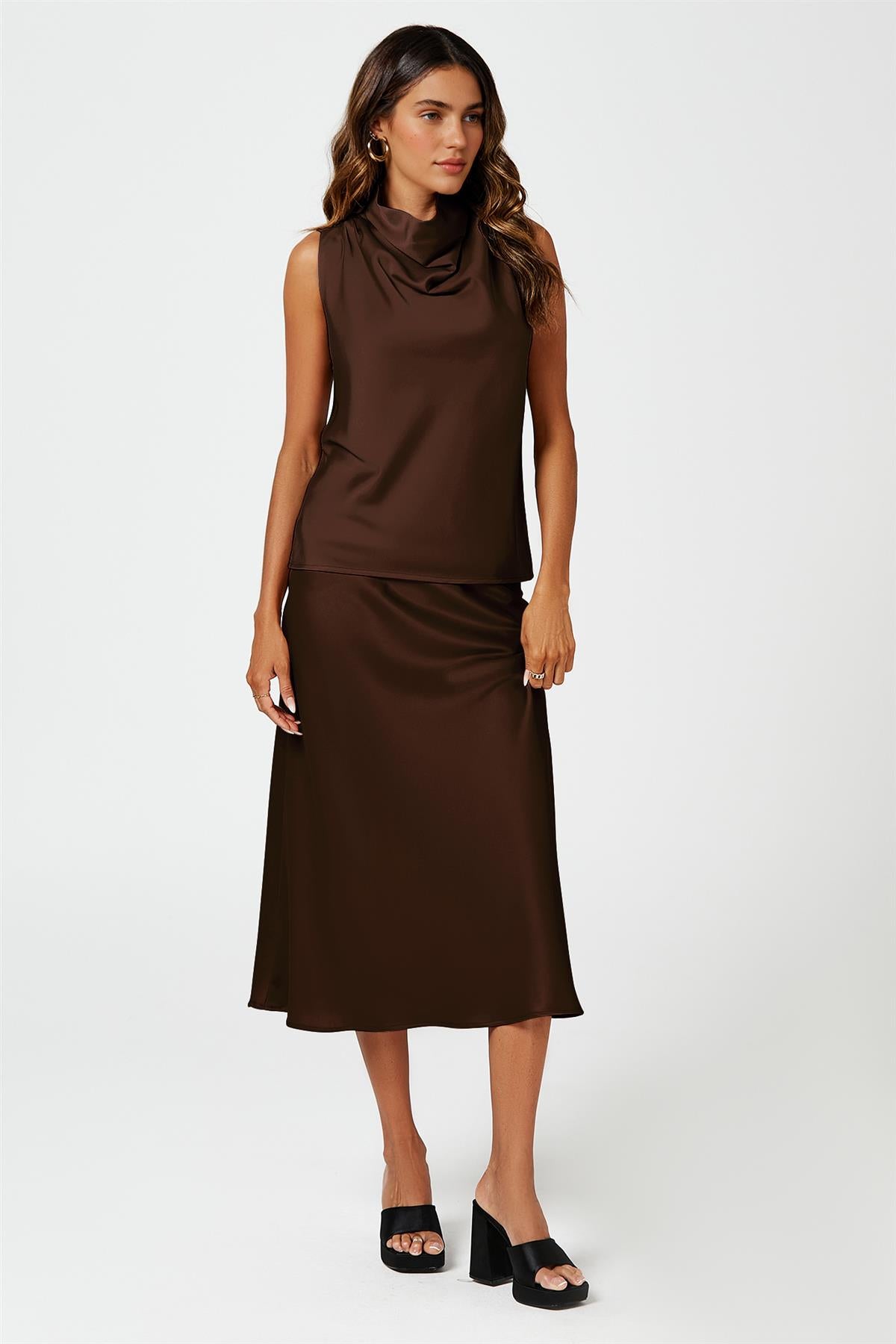 Brown Satin High Neck Sleeveless Blouse
