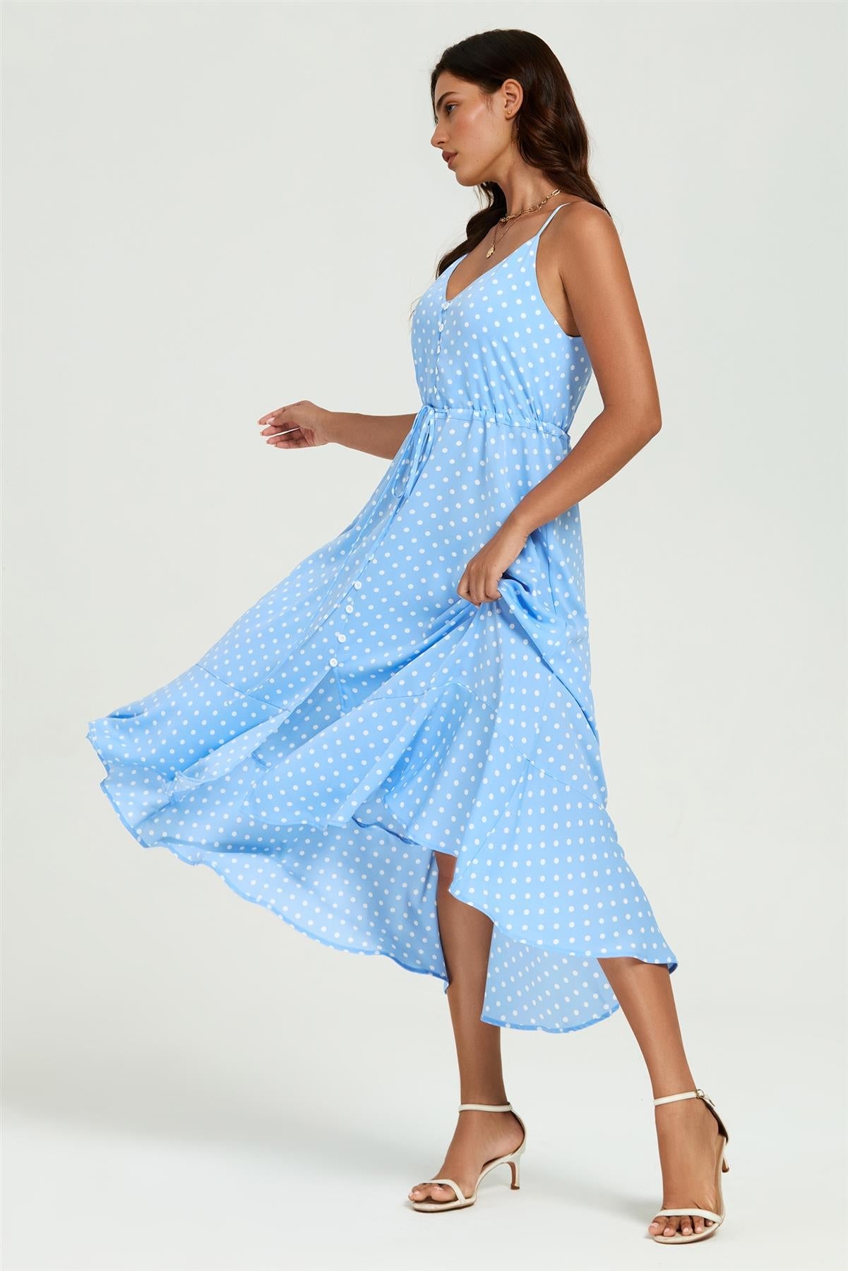 Light Blue Dot Print High Low Dress