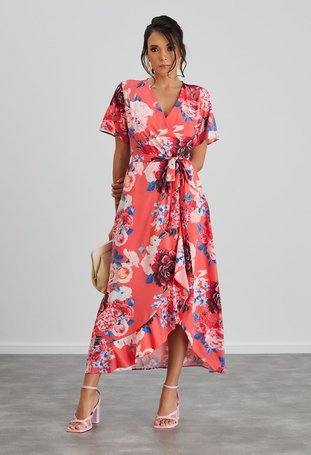 Wrap Midi Dress with Frill Skirt - Coral Floral - By Jenerique image 0