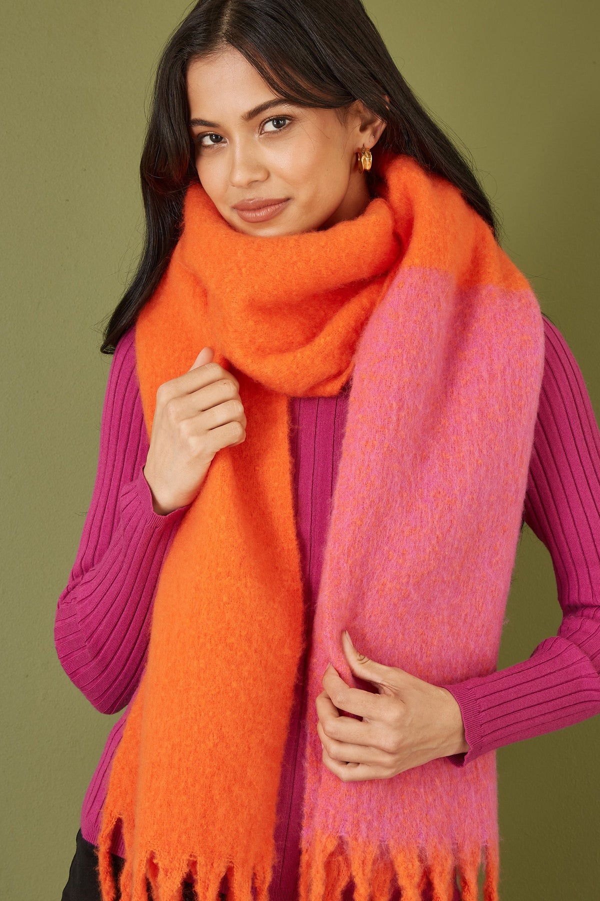 Pink And Orange Colour Block Scarf