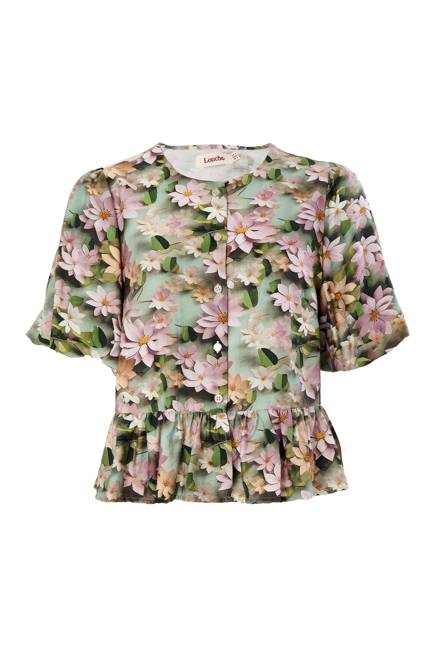 3D Daisy Print Peplum Blouse - Green