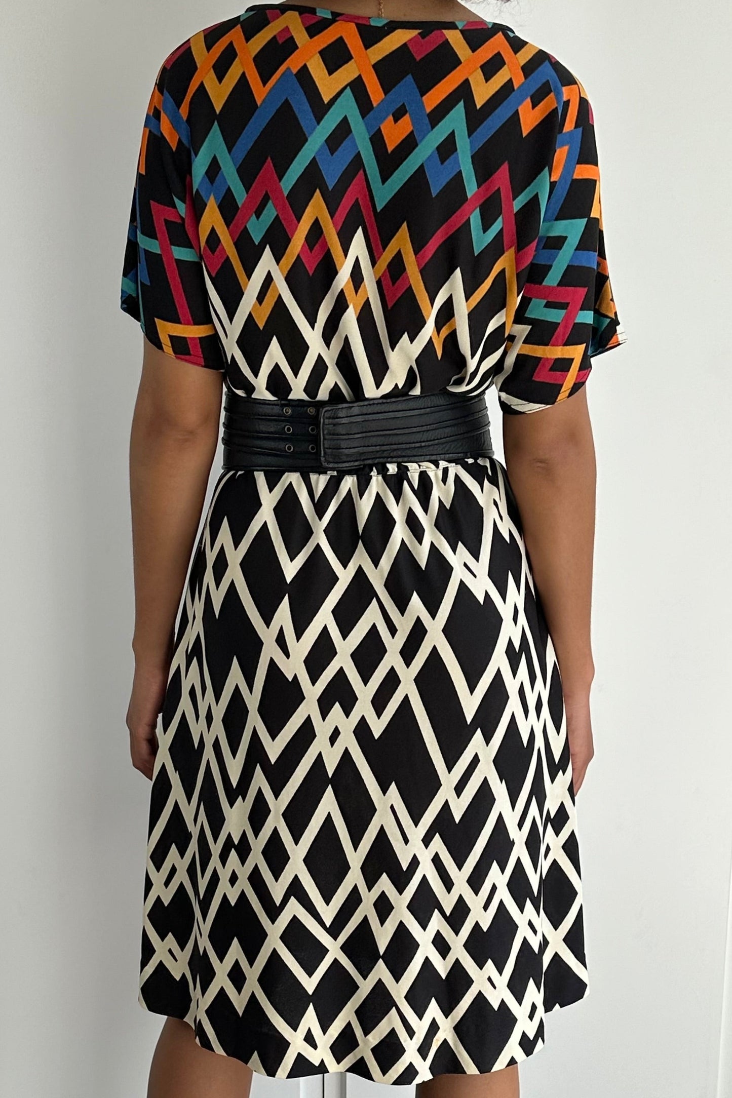 Original Vintage 1980's Virginie Paris Geometric Print Dress UK 8 - 12