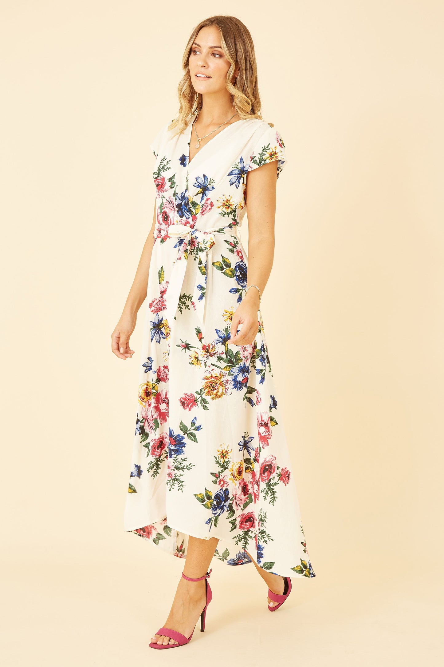 Ivory Floral Wrap Dip Hem Dress