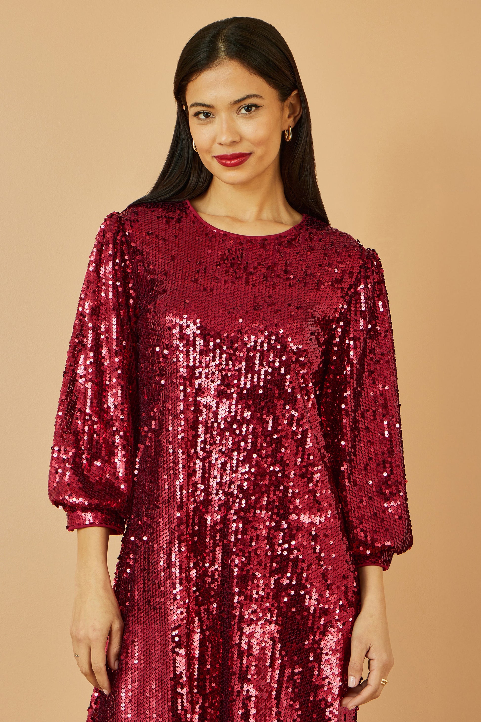 Burgundy Sequin Tunic Dress With Balloon Sleeves - Sizes 8 to 16