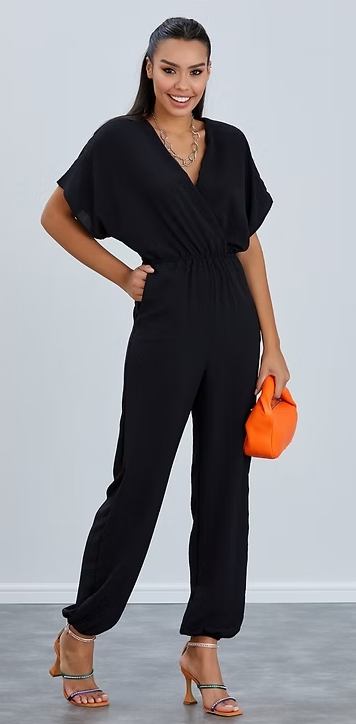 Batwing Sleeve Elasticated Waist Jumpsuit - Black - By Jenerique