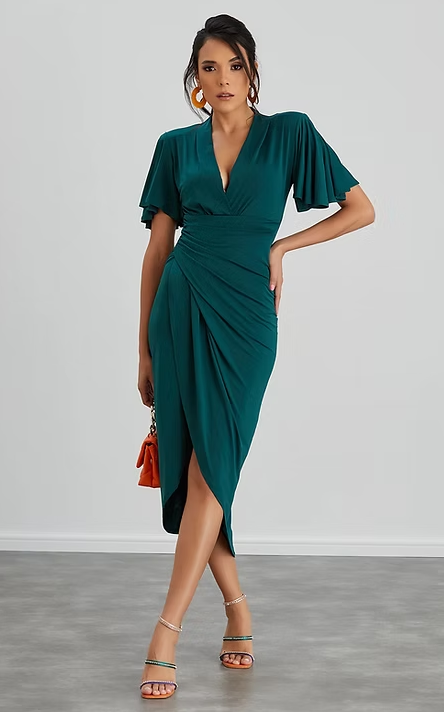 Angel Sleeve Wrap Style Dress - Dark Green- By Jenerique