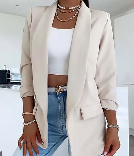 Tailored Beige Blazer with 3/4 Sleeves