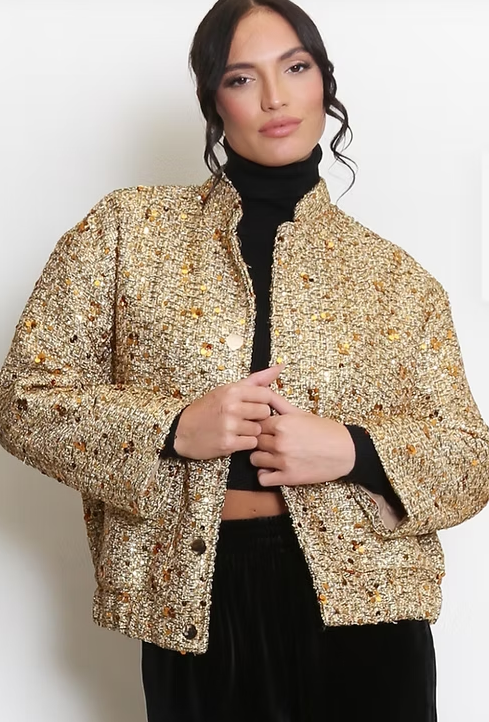 Woven Sequin Bomber Jacket - Gold