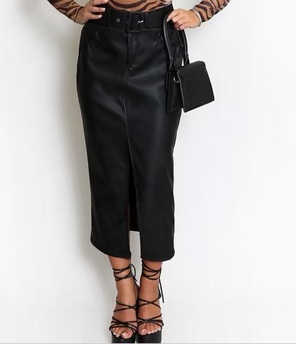 Faux Leather Belted Midi Skirt