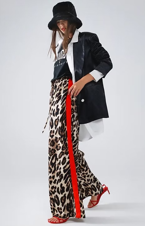 Leopard Wide Leg with Red Color Block Side Stripe