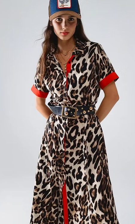 Leopard and Red Color Block Midaxi Dress