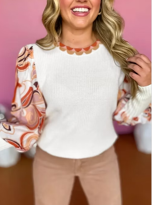 Floral Patchwork Bishop Sleeve Sweater