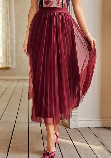 Double Layer Mesh Pleated Midi Skirt - Burgundy