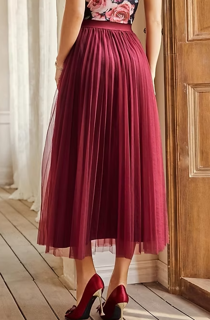 Double Layer Mesh Pleated Midi Skirt - Burgundy