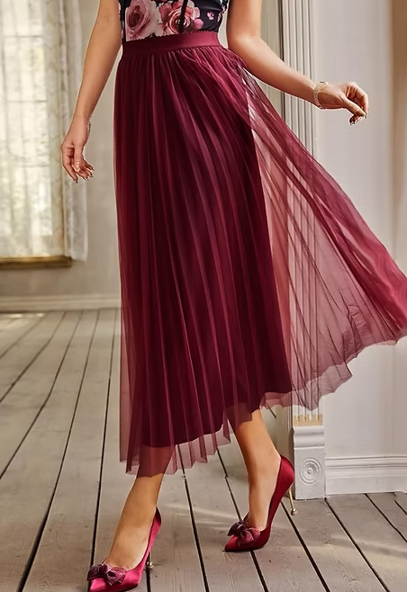 Double Layer Mesh Pleated Midi Skirt - Burgundy