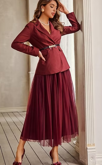 Double Layer Mesh Pleated Midi Skirt - Burgundy