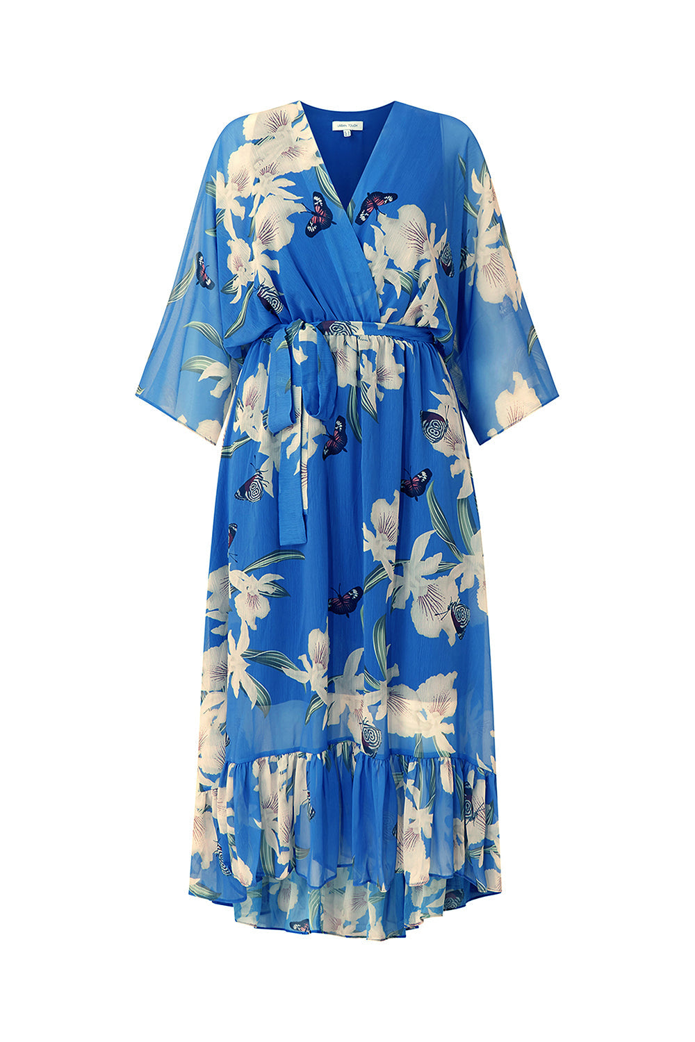 Blue Floral Kimono Sleeves Dip Hem Wrap Midi Dress