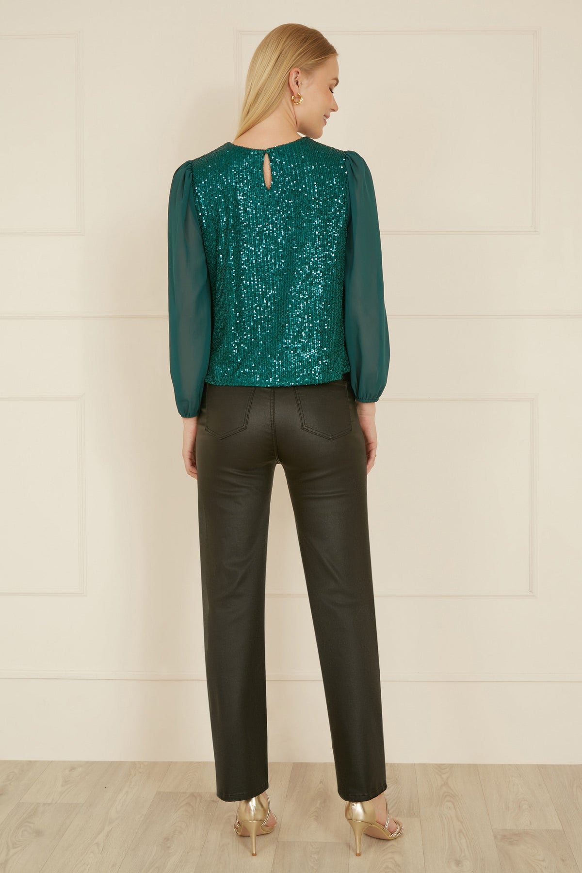 Green Sequin Sheer Sleeve Top
