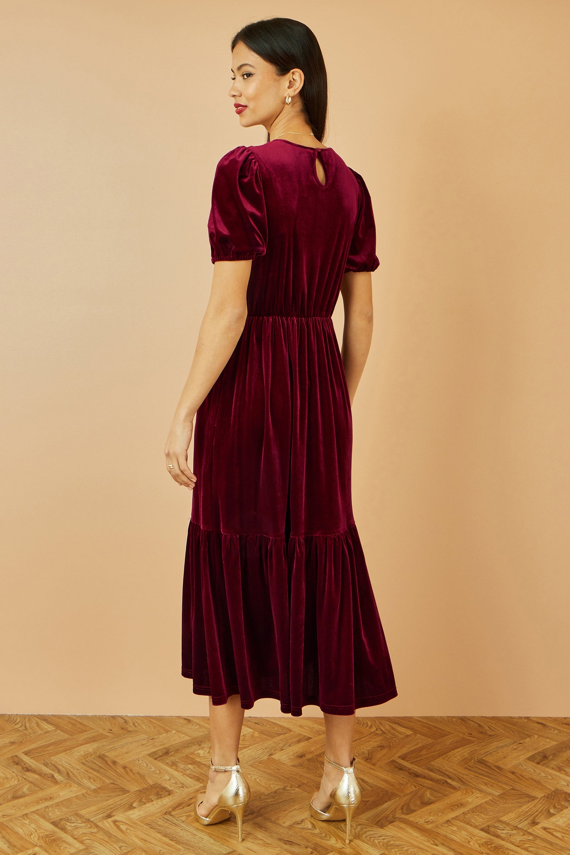 Burgundy Velvet Midi Dress With Pockets - Sizes 8 to 26