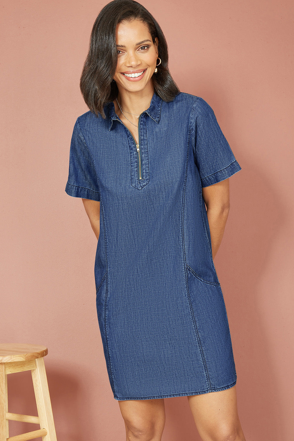Blue Cotton Chambray Tunic With Zip Neckline