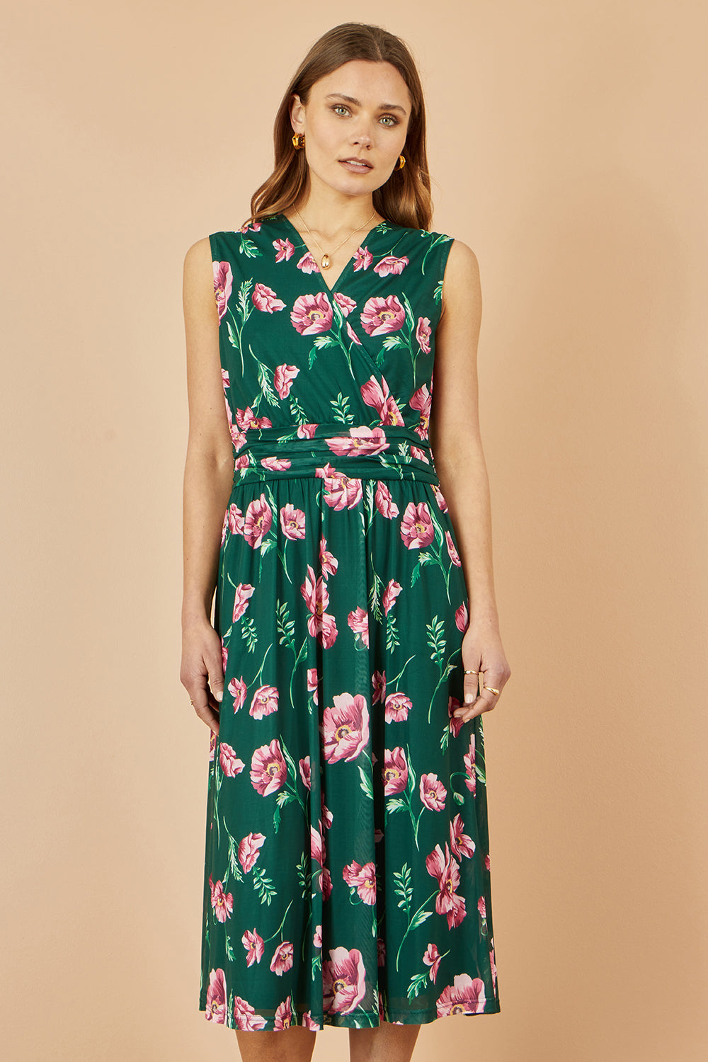 Green Floral Print Mesh Stretch Midi Dress With Pockets