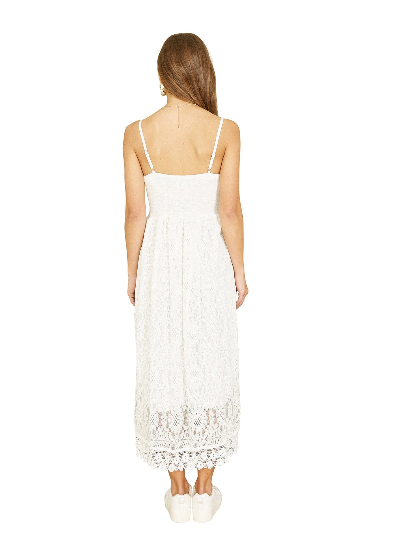 White Lace Midi Sundress With Tassel Tie and Ruched Back