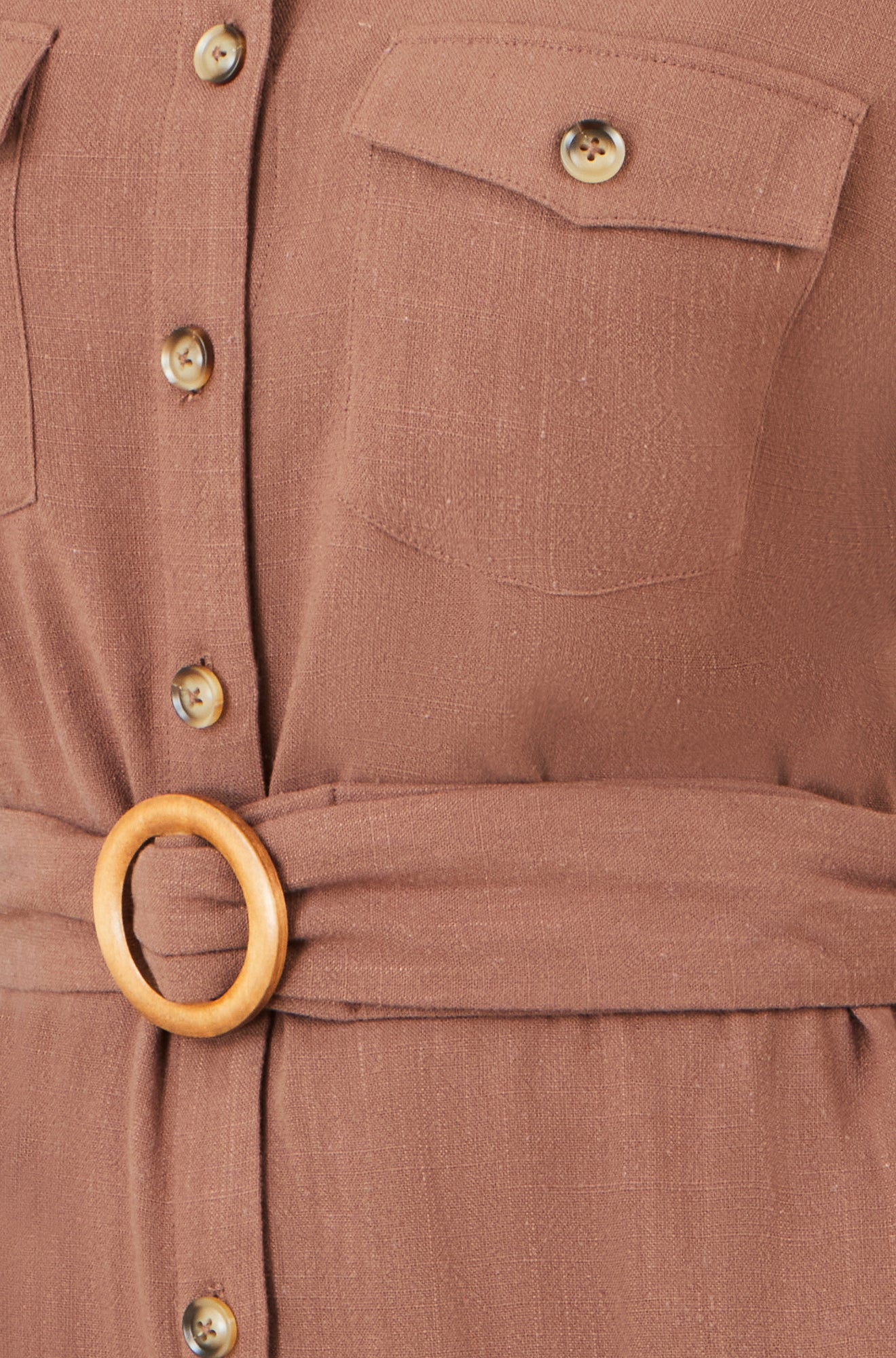 Brown Linen Look Midi Shirt Dress With Wooden Belt