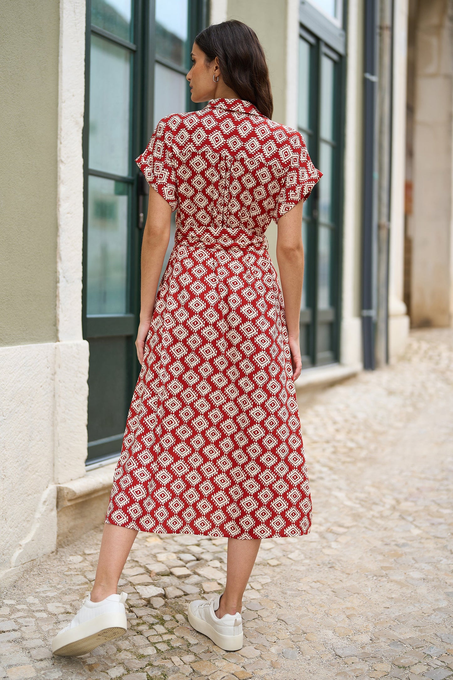 Red Viscose Midi Shirt Dress with Matching Belt