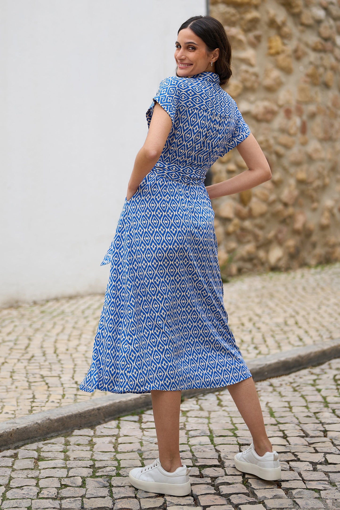 Blue Viscose Midi Shirt Dress With Matching Belt