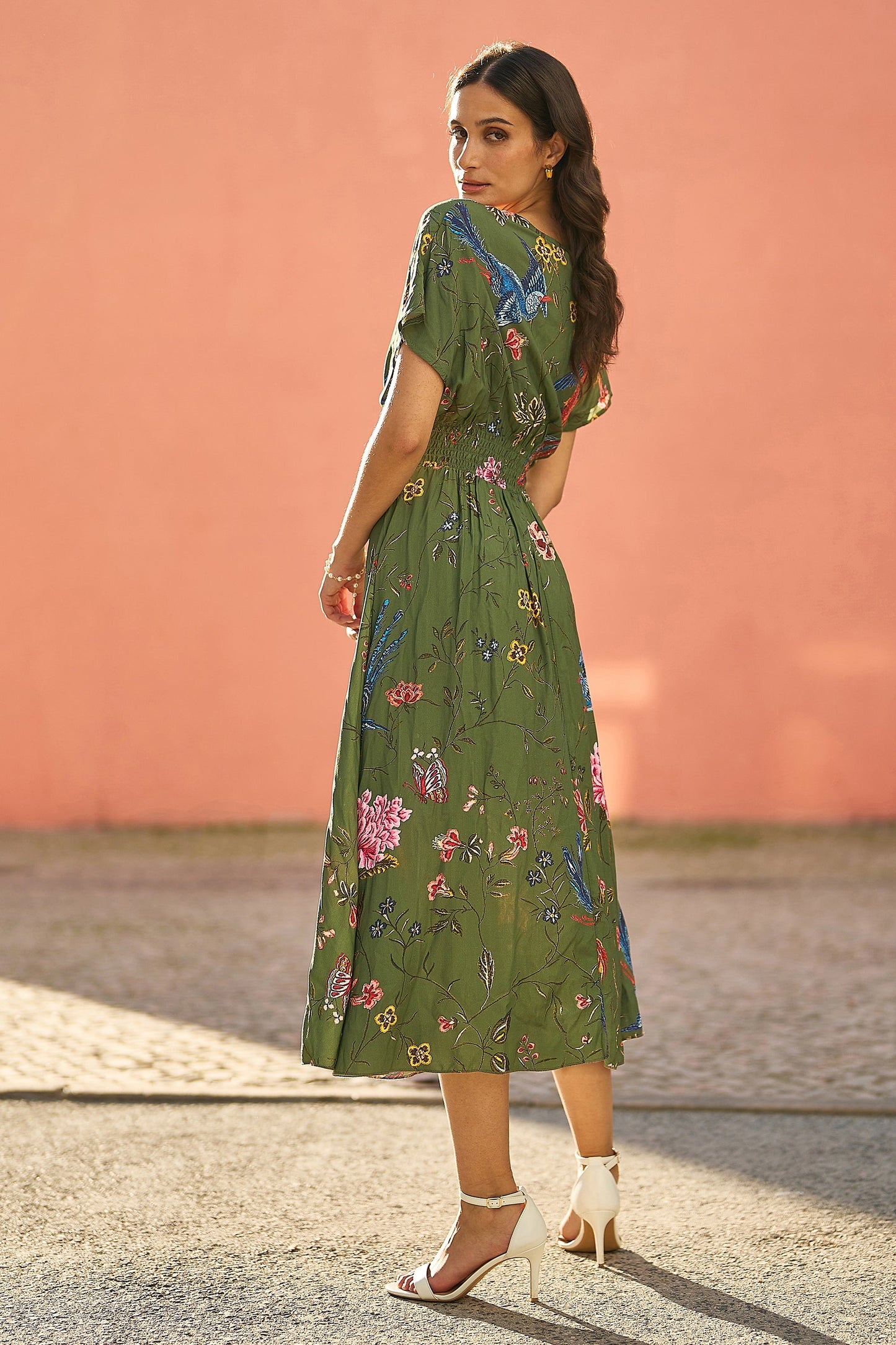 Green Bird and Floral Print Ruched Waist Kimono Midi Dress