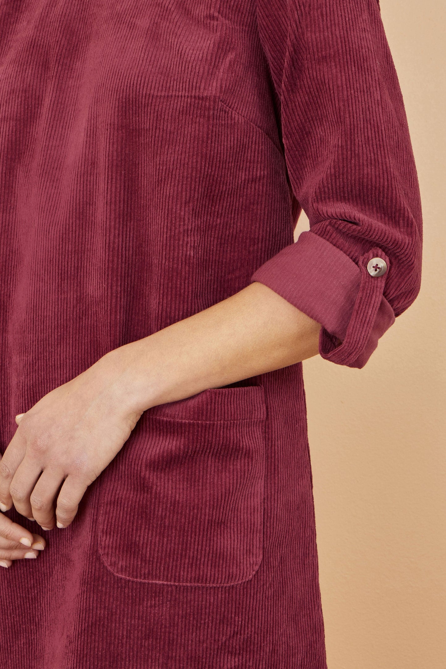 Burgundy Cord Tunic Dress With 3/4 Sleeves And Pockets - Sizes 8 to 16