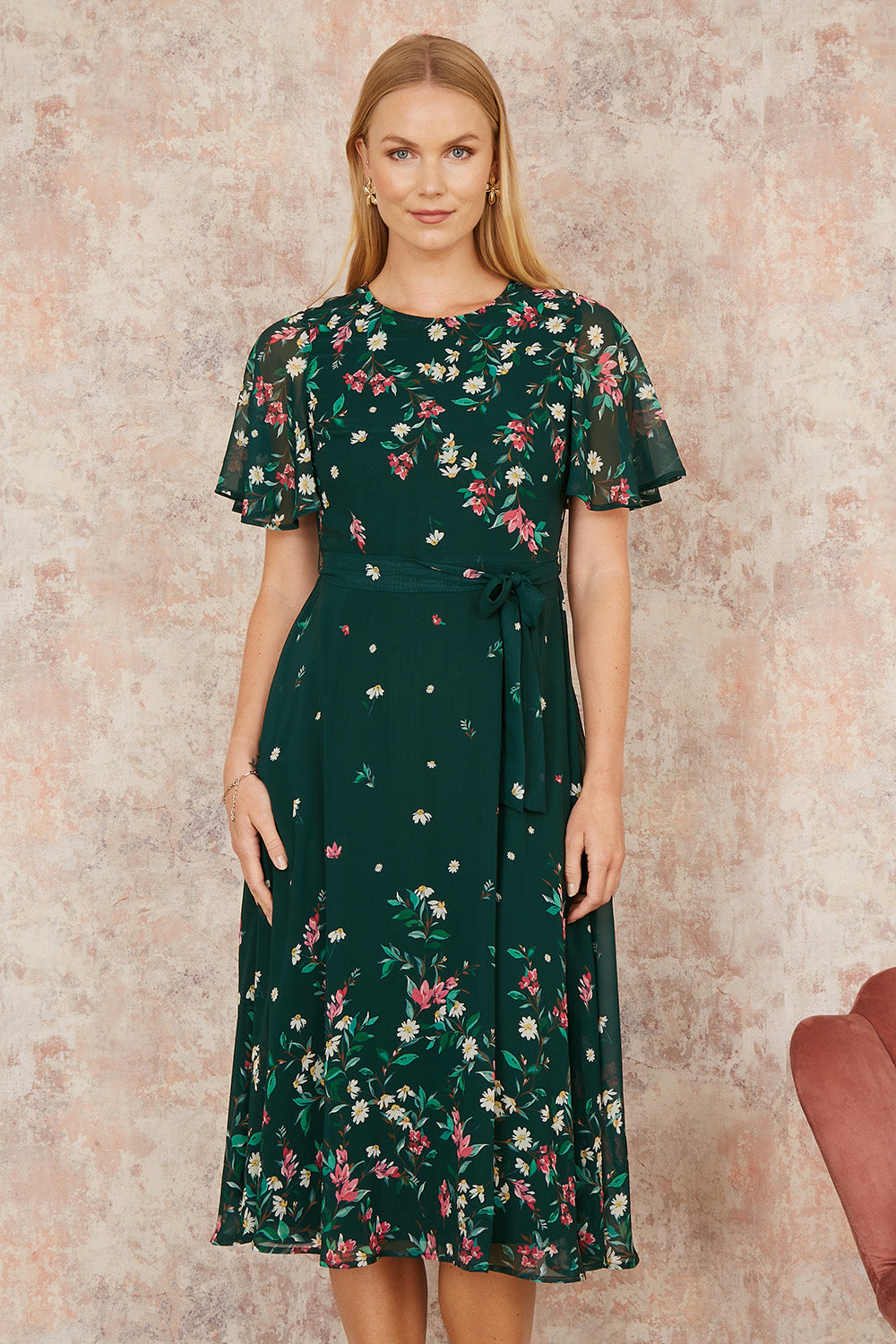 Green Daisy Skater Dress With Angel Sleeves