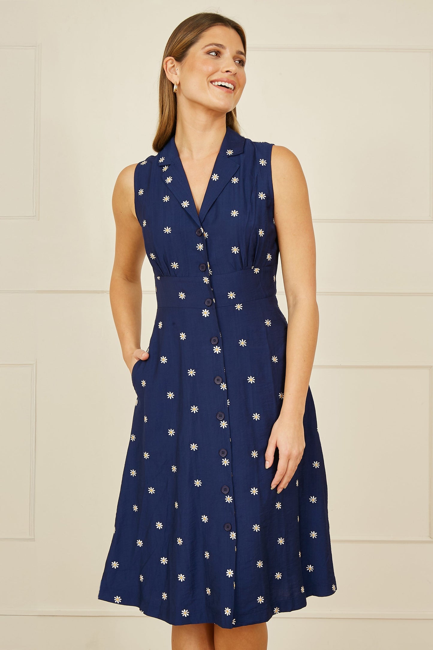 Navy Daisy Print Embroidered Sleeveless Shirt Dress