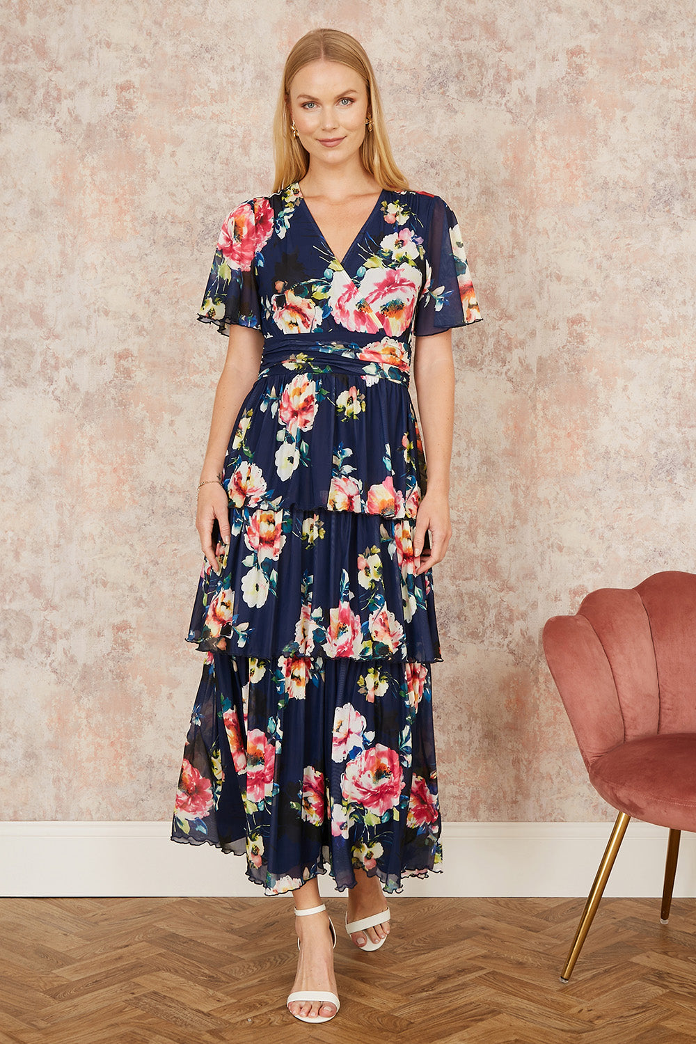 Navy Floral Mesh Tiered Maxi Dress