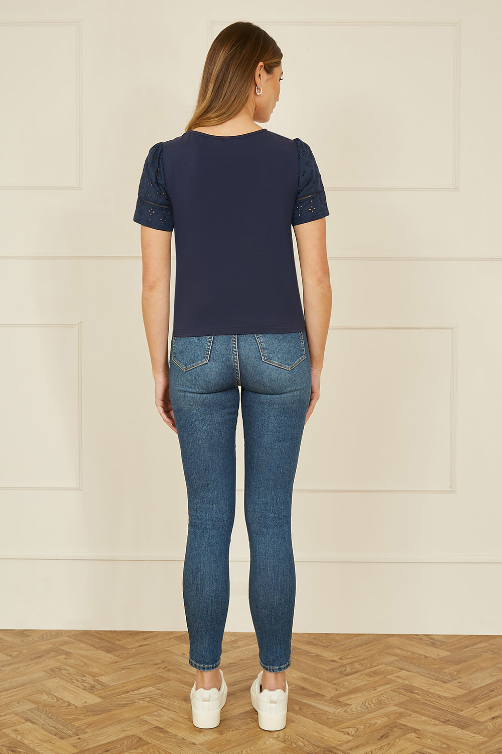 Navy Jersey Button Detail T-Shirt With Broderie Anglaise Sleeves And Tie Front