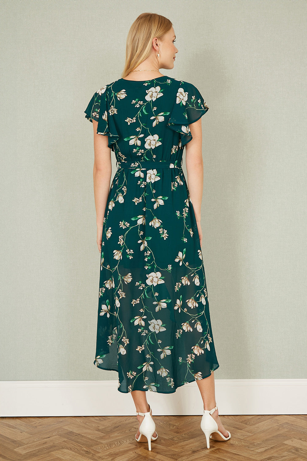 Green Floral Wrap Midi Dress With Frill Hem